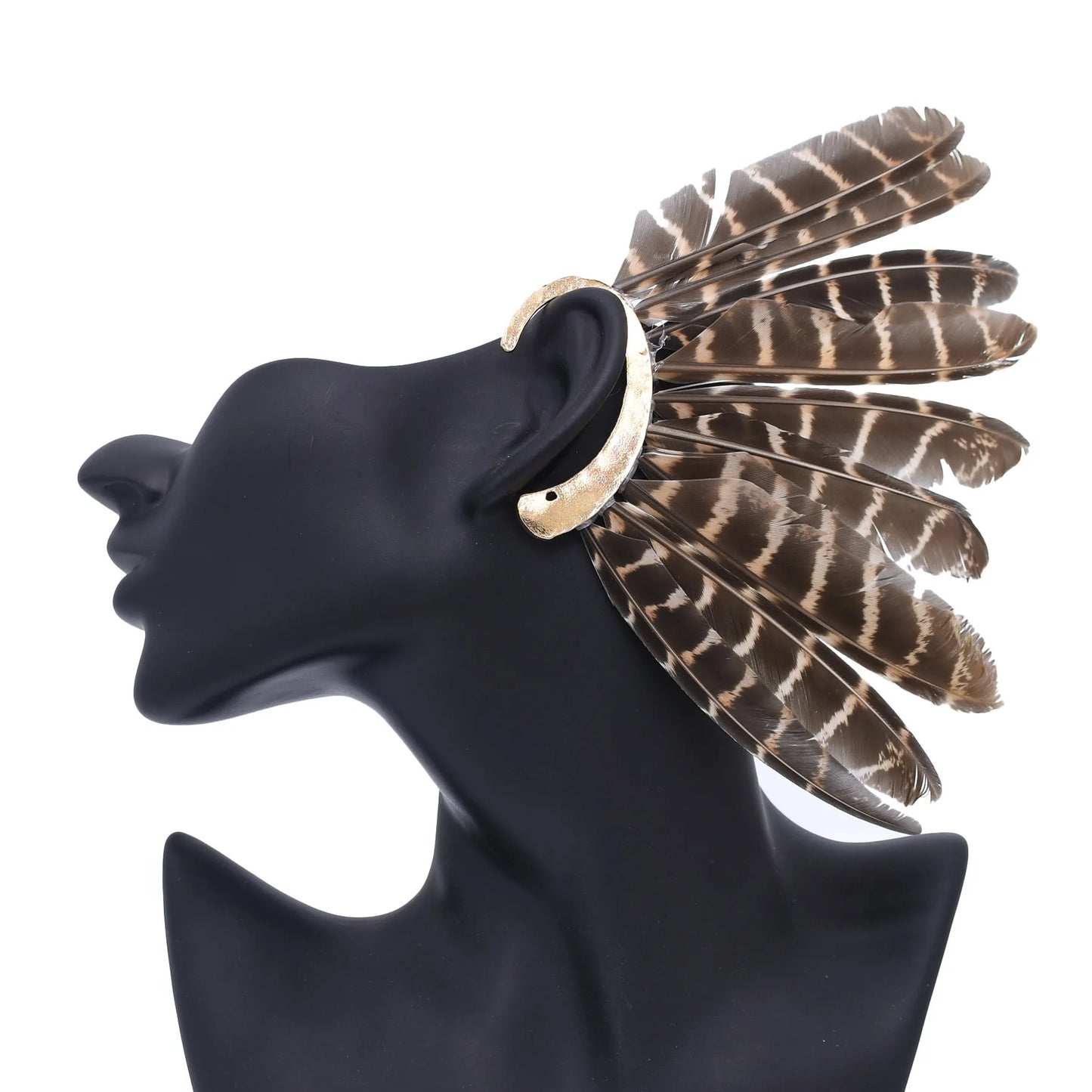 Brown Long Feather Ear Cuff Earrings, Feather Ear Hook Clip Earrings