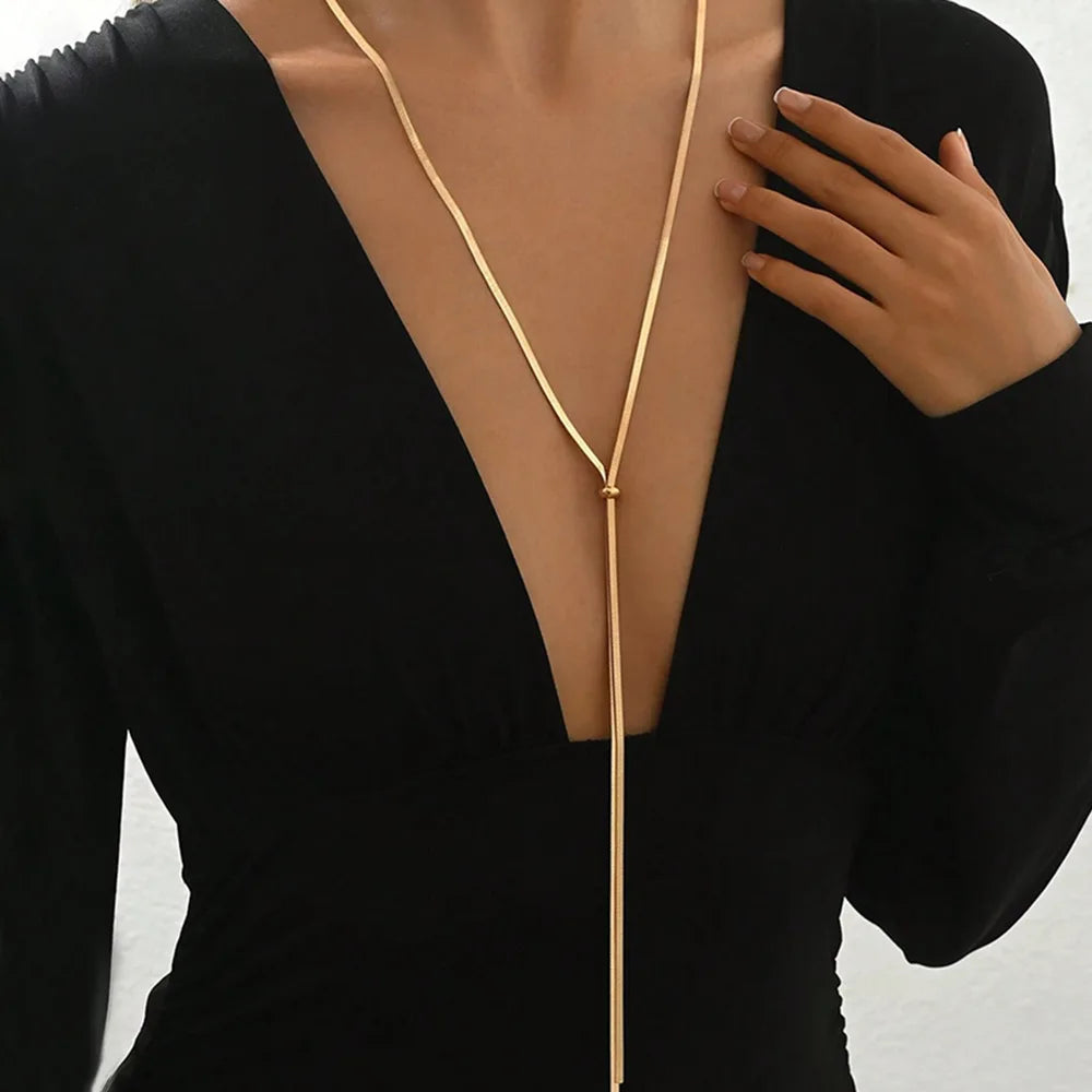 Long Flat Snake Bone Chain Necklace for Women Stainless Steel Gold Color Y-Shaped EsotericNecklace