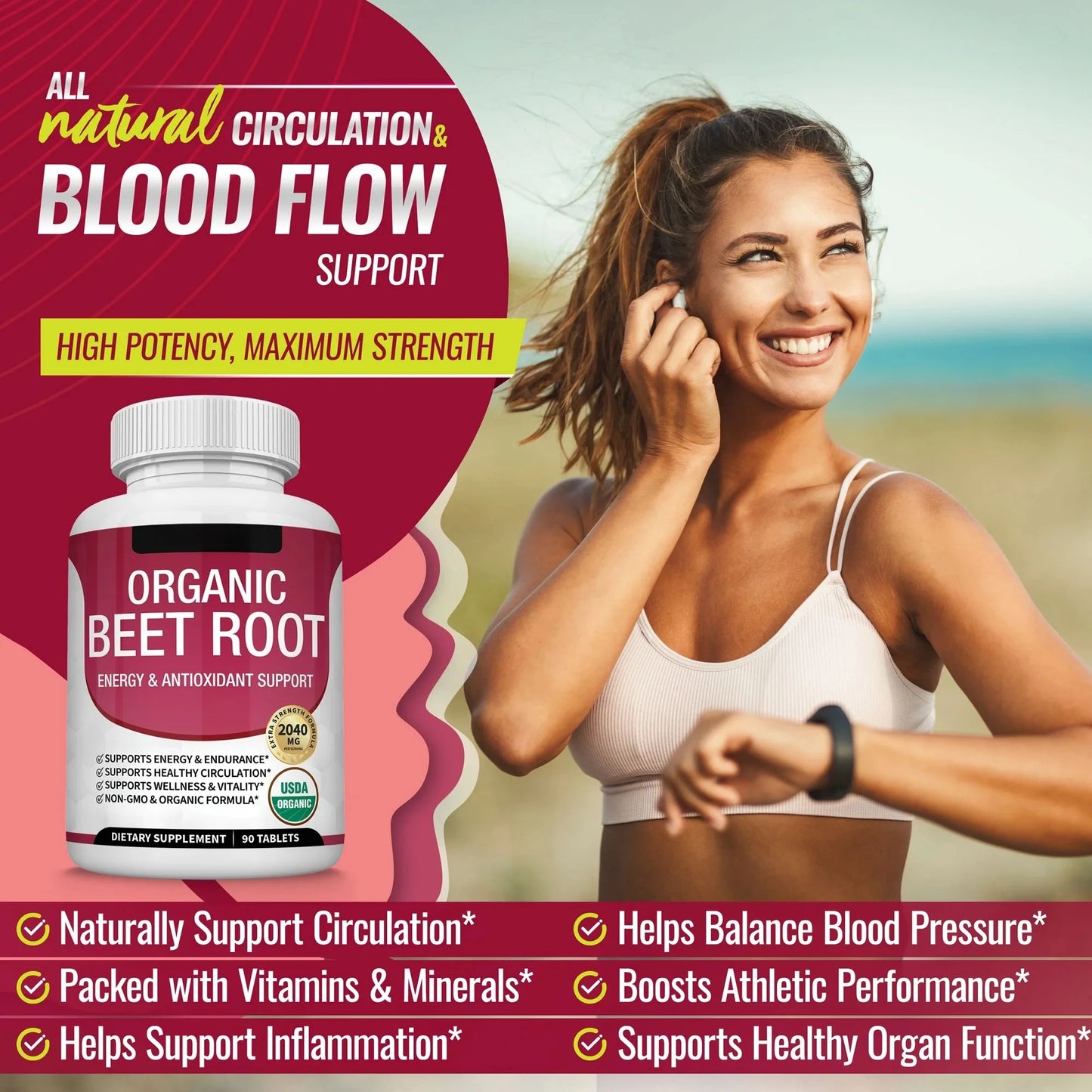 Organic Beet Root  Tablets - 2040mg Natural Nitric Oxide Beets to Support, Heart Function,Energy, Black Pepper Better Absorption, for Men Women
