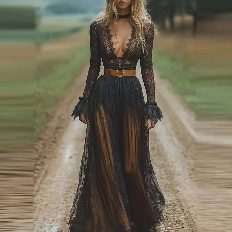 Sexy V-Neck Black lace mesh long sleeved retro Long Dress women's Slim embroidery.