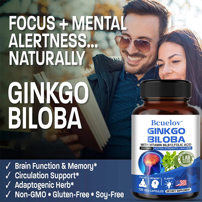 Ginkgo Biloba 5000 Mg Extra Strength - Third Eye Activation - Supports Brain Function and Memory, Focus, Stress Relief, 120 Veggie Capsules