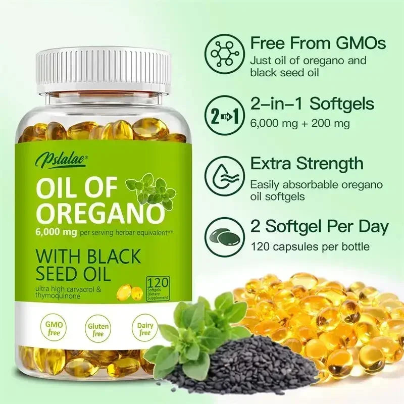 Oregano Oil - with Black Seed Oil, for Digestion, Relieves Bloating, Boosts Immune, Antioxidant - 120pcs
