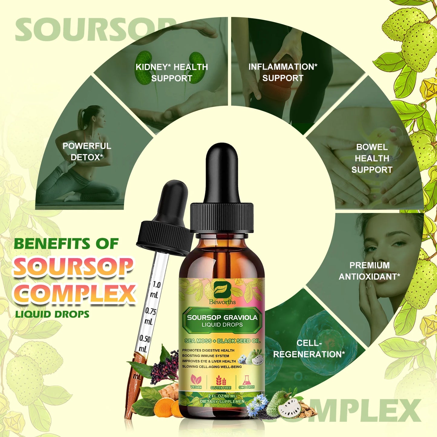 Soursop Graviola Extract 60 ML Drops Black Seed Oil Support Immunity and Kidney Health,Detox,Antioxidation Gluten-Free
