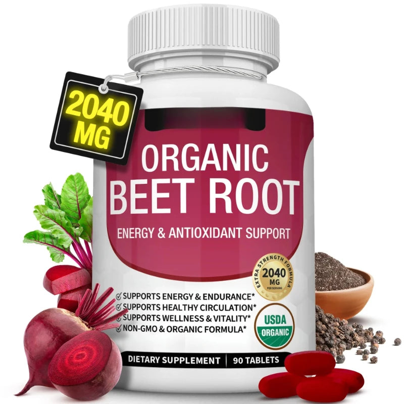 Organic Beet Root  Tablets - 2040mg Natural Nitric Oxide Beets to Support, Heart Function,Energy, Black Pepper Better Absorption, for Men Women