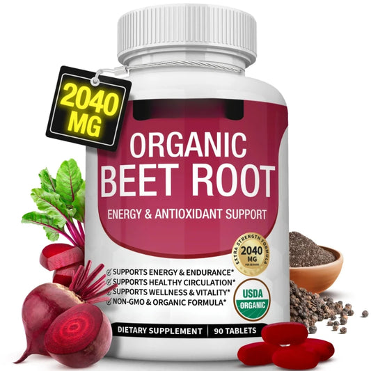Organic Beet Root  Tablets - 2040mg Natural Nitric Oxide Beets to Support, Heart Function,Energy, Black Pepper Better Absorption, for Men Women