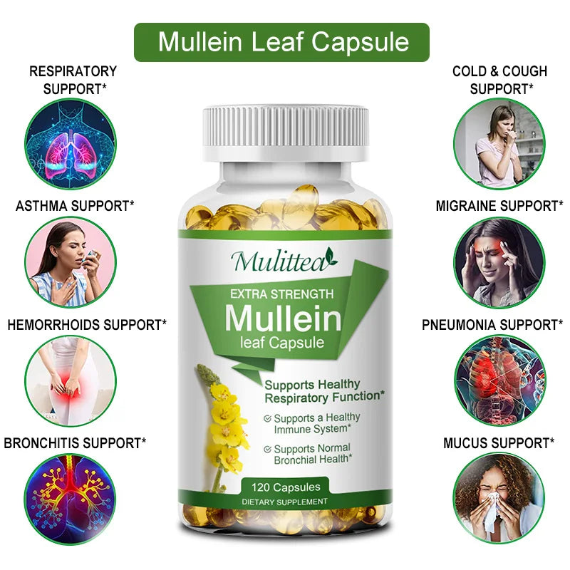 Mullein Leaf Capsules Herbal Supplement for Lung Cleanse Helps Healthy Respiratory Function & Mucous Membranes