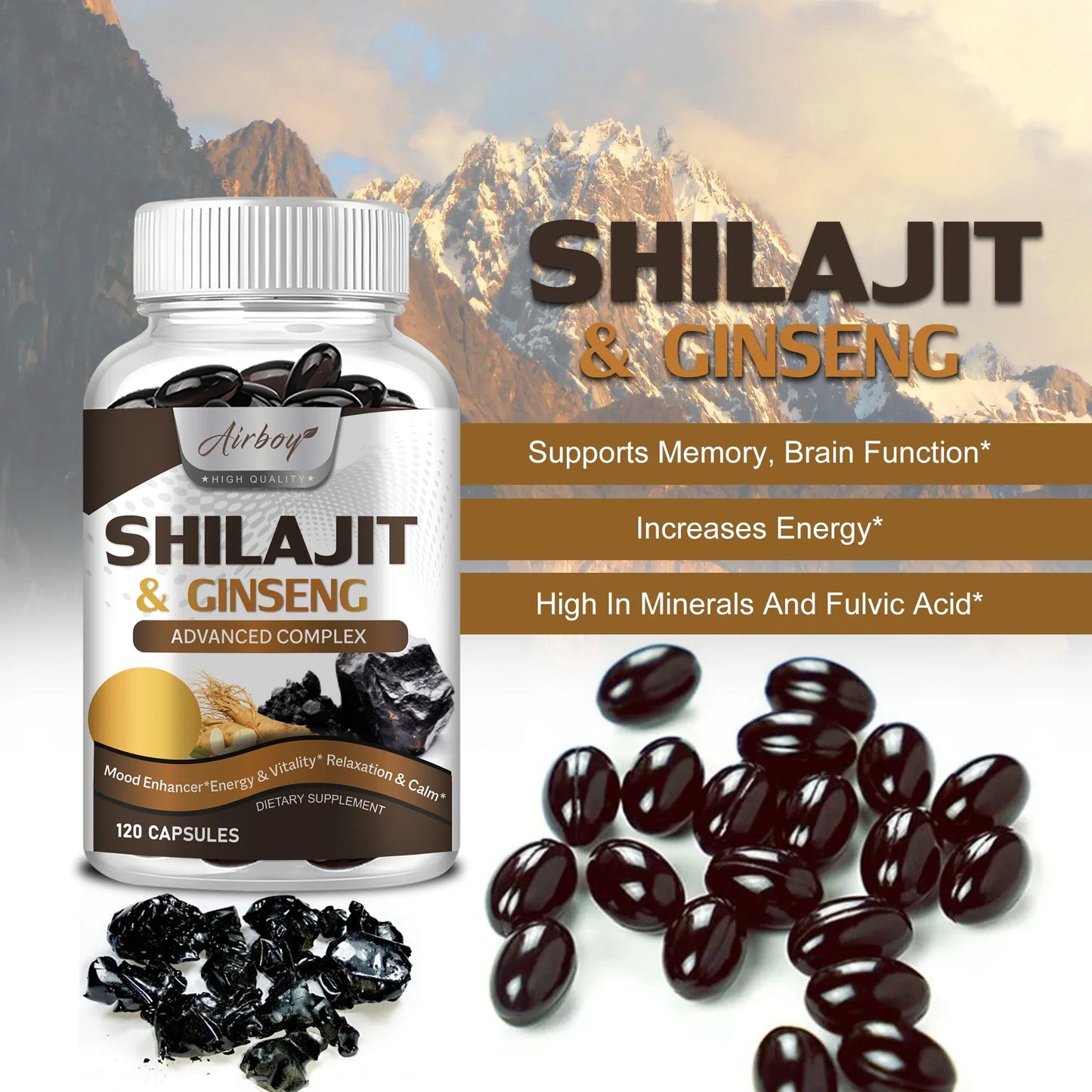 Shilajit & Ginseng Supplement - Provides Energy, Stamina and Endurance, Enhances Brain & Memory, Immune Support - 120 Capsules