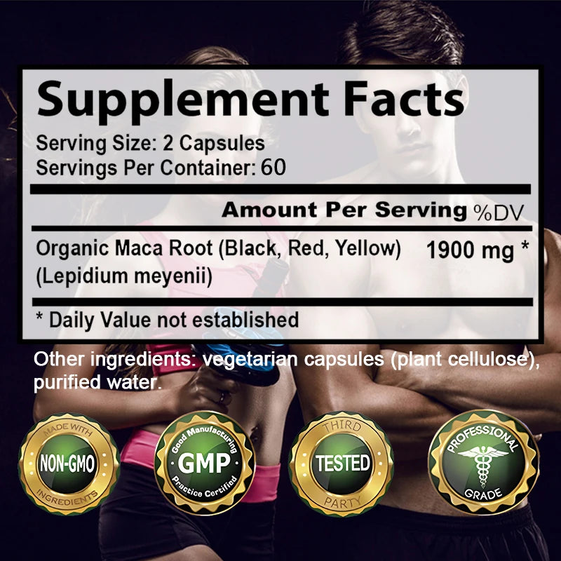 Organic Maca Root Capsules For Men & Women Non Gmo Pure Peru Maca Root Extract Black Red Yellow Supports Natural Energy, Boost Libido, Increases Fertility