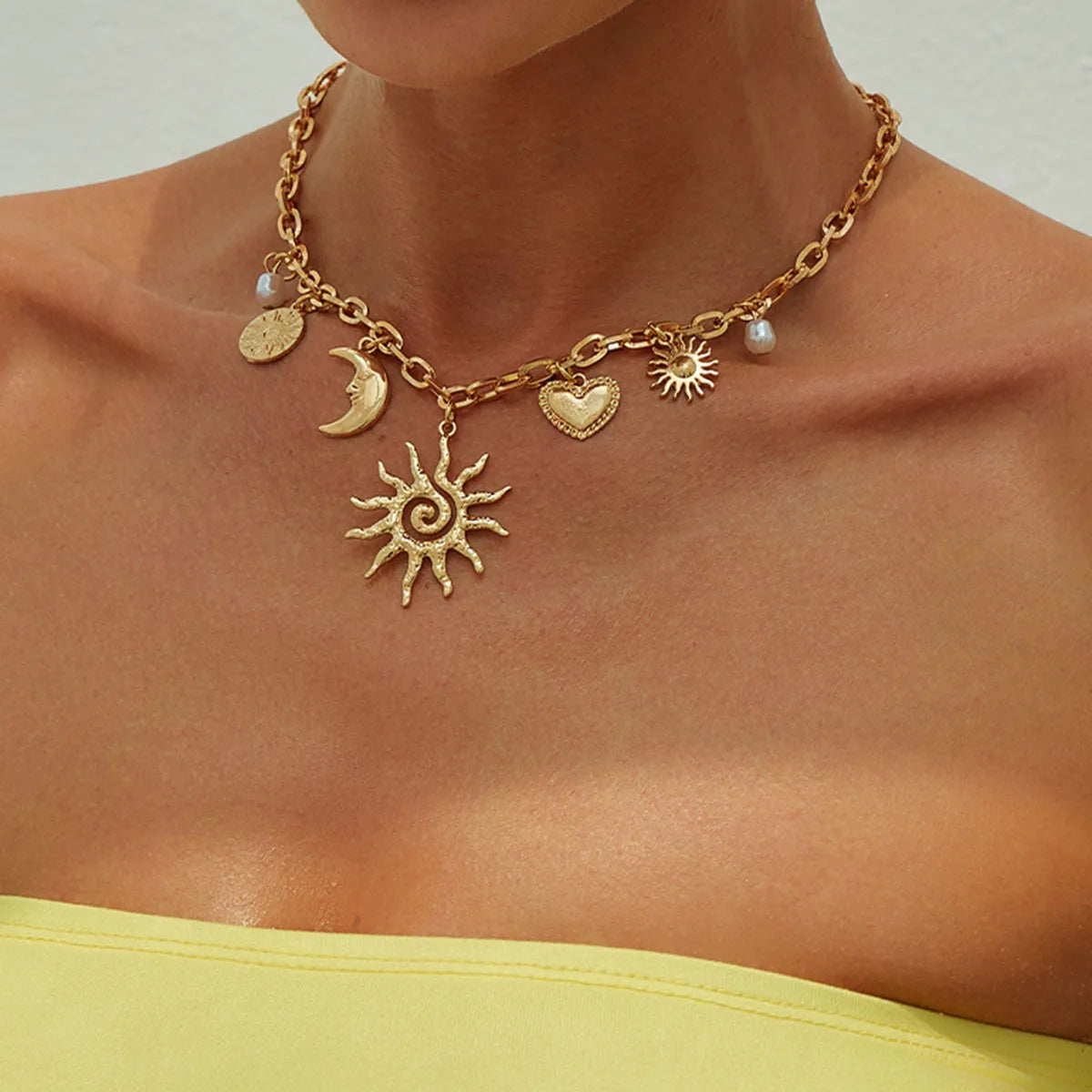 Esoteric Heart Sun Moon Pendant Necklace.