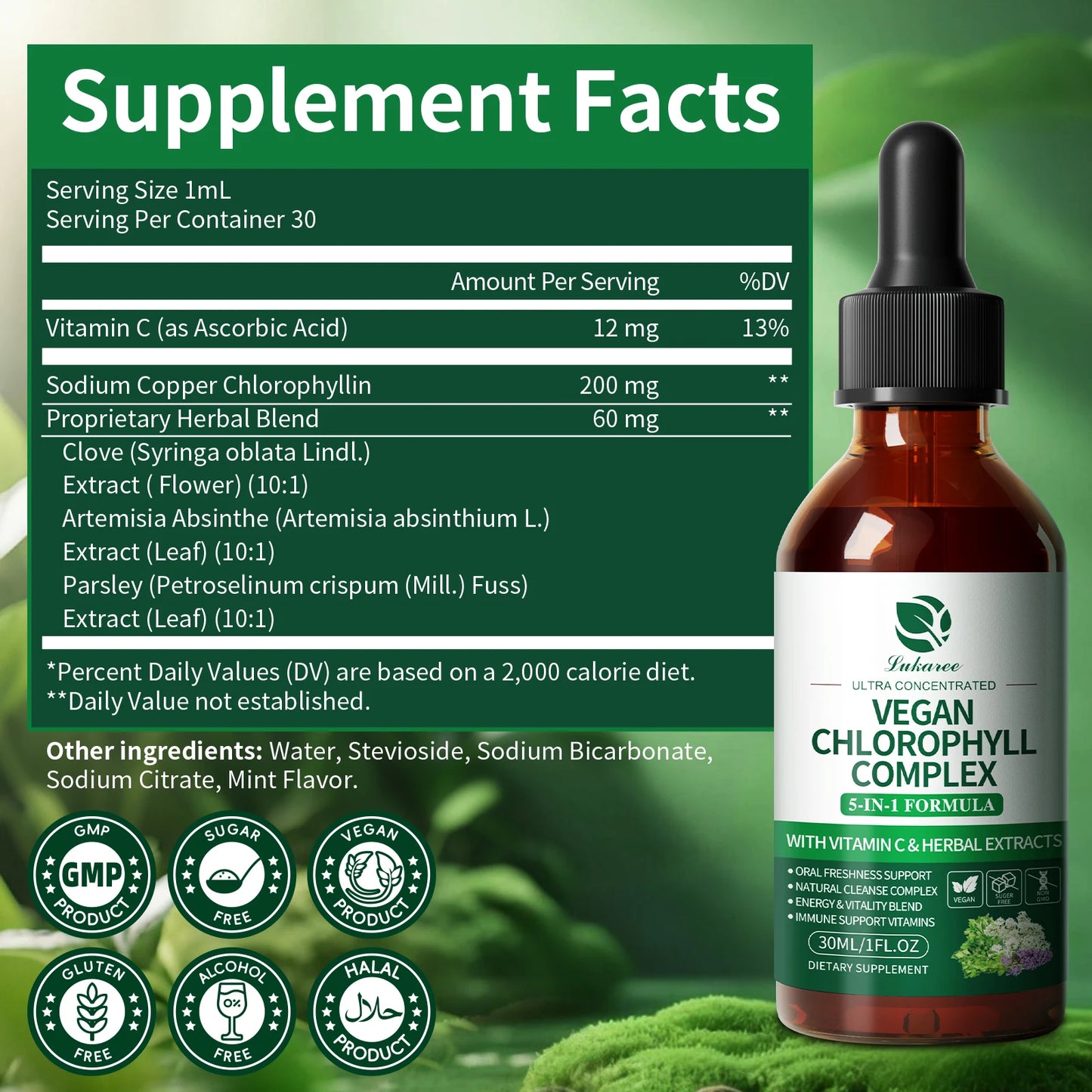 Chlorophyll 30 ML Liquid Drops Supports Natural Cleansing & Immune, Internal Deodorant, Heavy Metal & Micro Plastics Detox