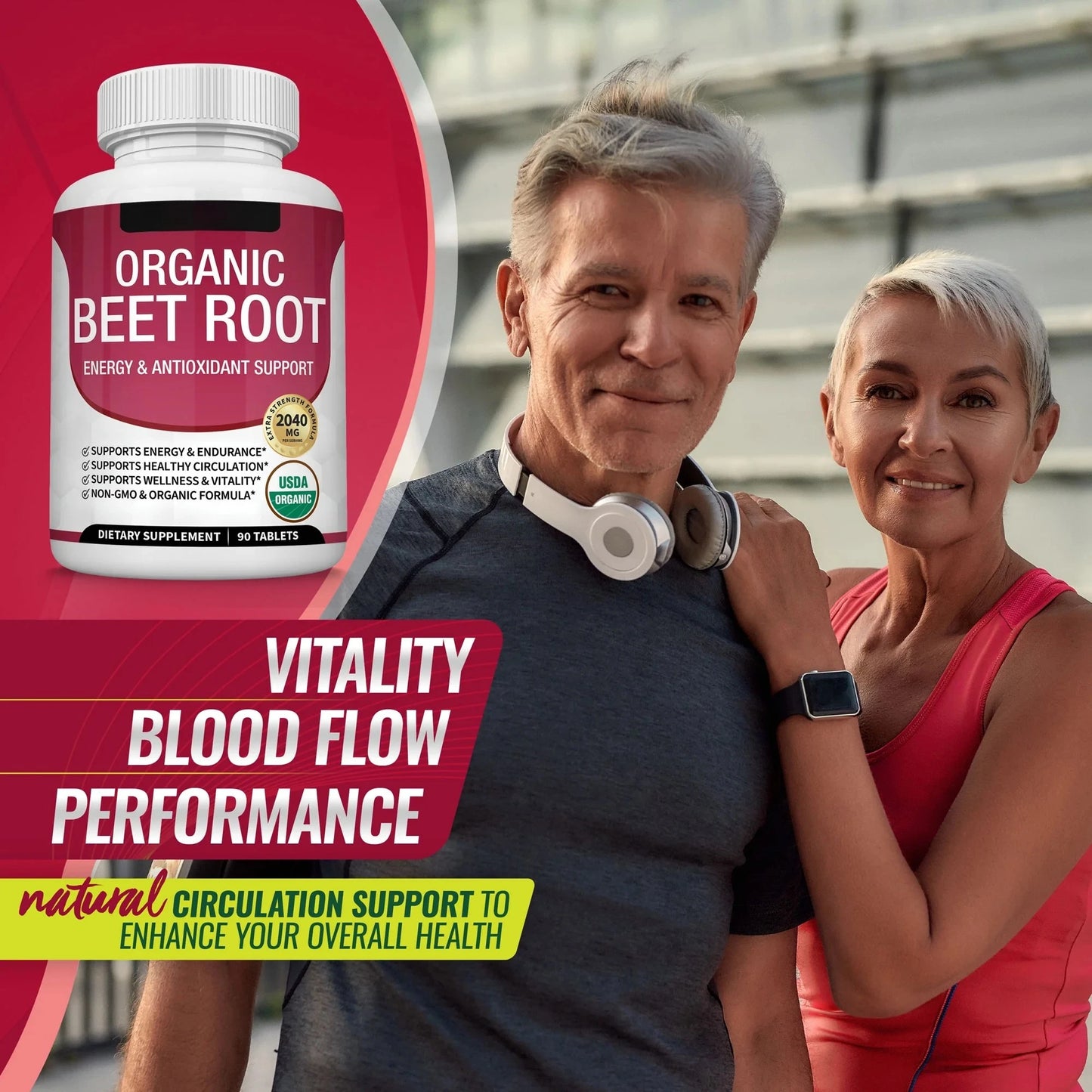 Organic Beet Root  Tablets - 2040mg Natural Nitric Oxide Beets to Support, Heart Function,Energy, Black Pepper Better Absorption, for Men Women