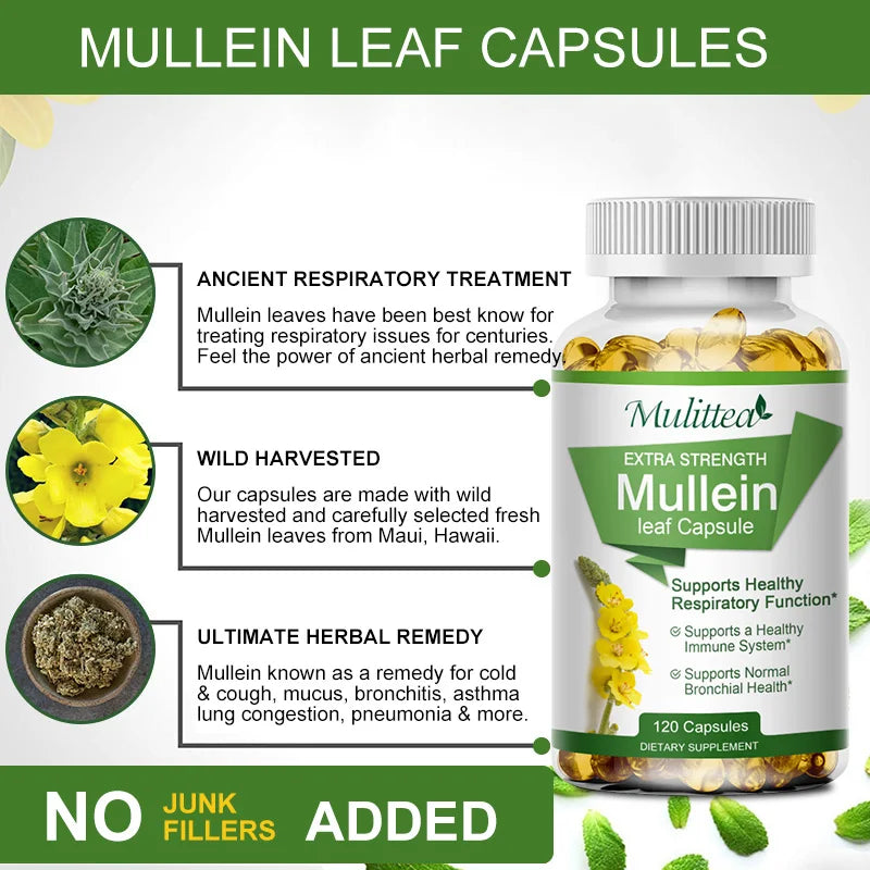 Mullein Leaf Capsules Herbal Supplement for Lung Cleanse Helps Healthy Respiratory Function & Mucous Membranes