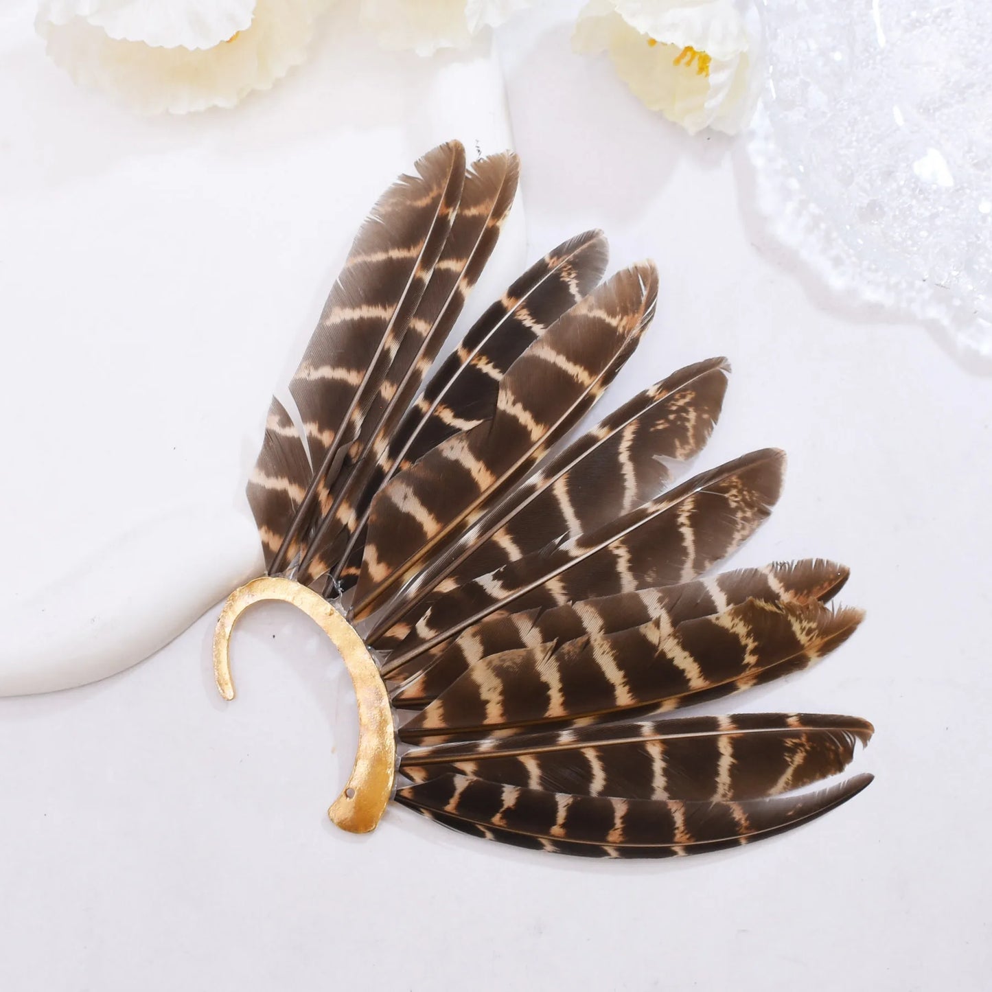 Brown Long Feather Ear Cuff Earrings, Feather Ear Hook Clip Earrings