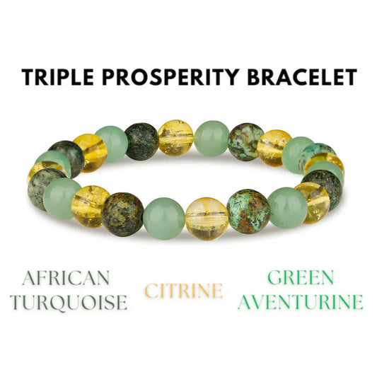 Triple Prosperity Bracelet Citrine Green Aventurine African Turquoise 8 mm Round Prosperity and Good Luck Crystals