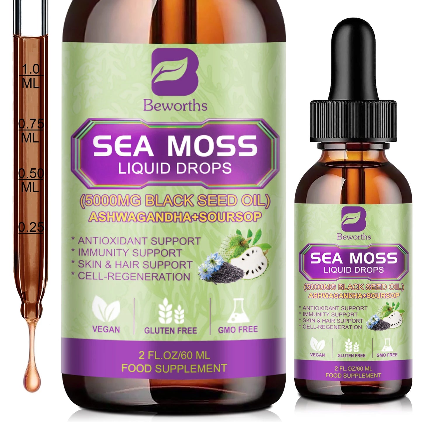 60ML Sea Moss Extract Drop Superfood, Support Immunity and Kidney Health, Aids in Weight Management, Promote Digestion and Antioxidation