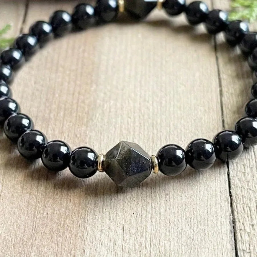 Obsidian Tourmaline Bracelet - Natural Healing Crystal Beads for Manifestation, Protection Positive Energy and Spiritual Balance