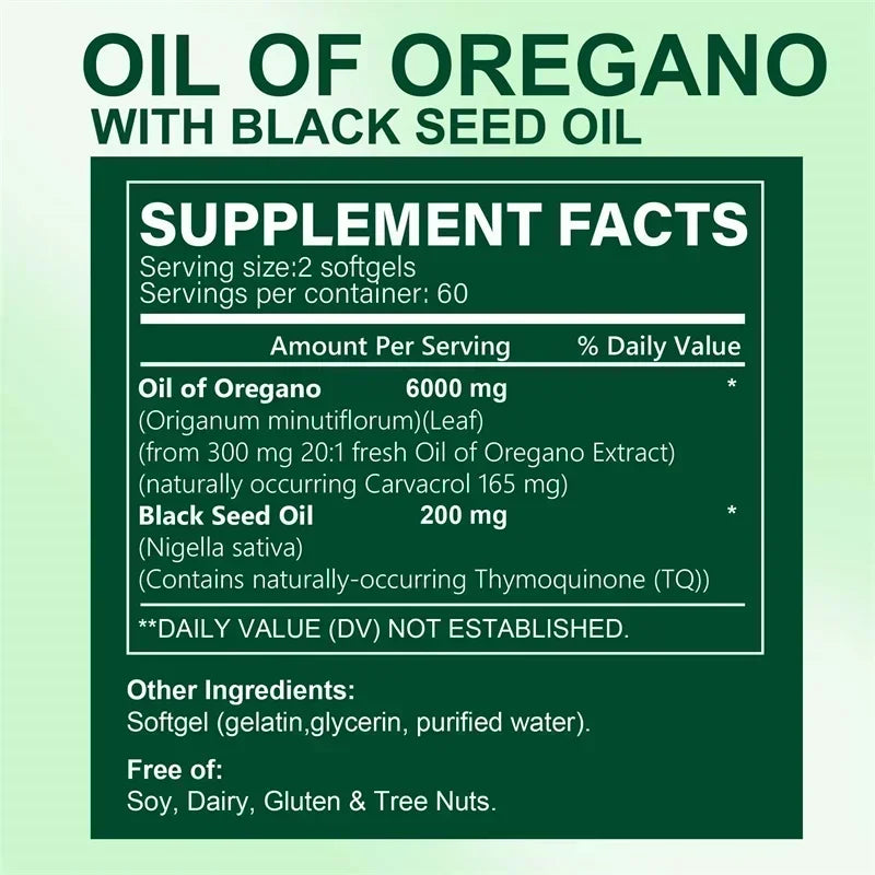 Oregano Oil - with Black Seed Oil, for Digestion, Relieves Bloating, Boosts Immune, Antioxidant - 120pcs