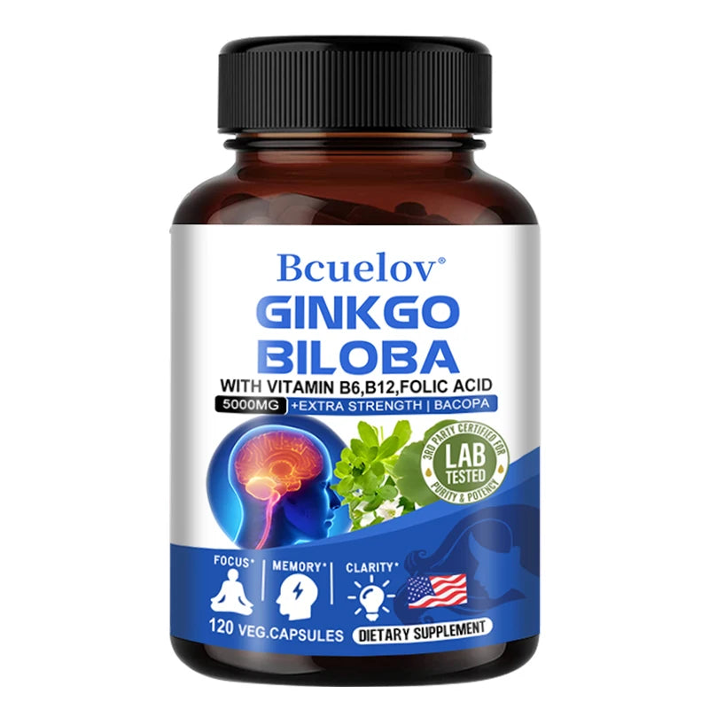 Ginkgo Biloba 5000 Mg Extra Strength - Third Eye Activation - Supports Brain Function and Memory, Focus, Stress Relief, 120 Veggie Capsules