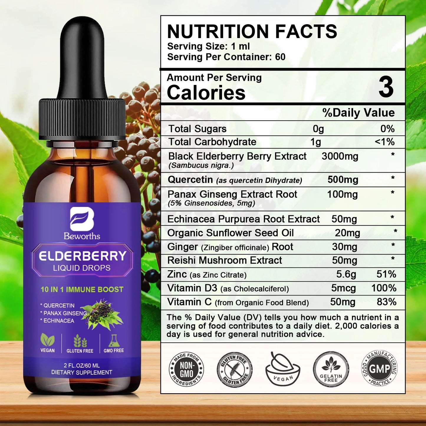 Black Elderberry Drops with Vitamins C, D and Zinc Boost Immunity and Heart Function Health Support Antioxidant