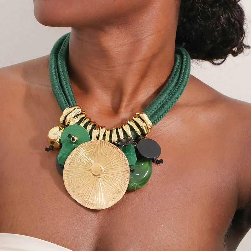 Tribal Beaded Necklace with Round Pendant for Woman.