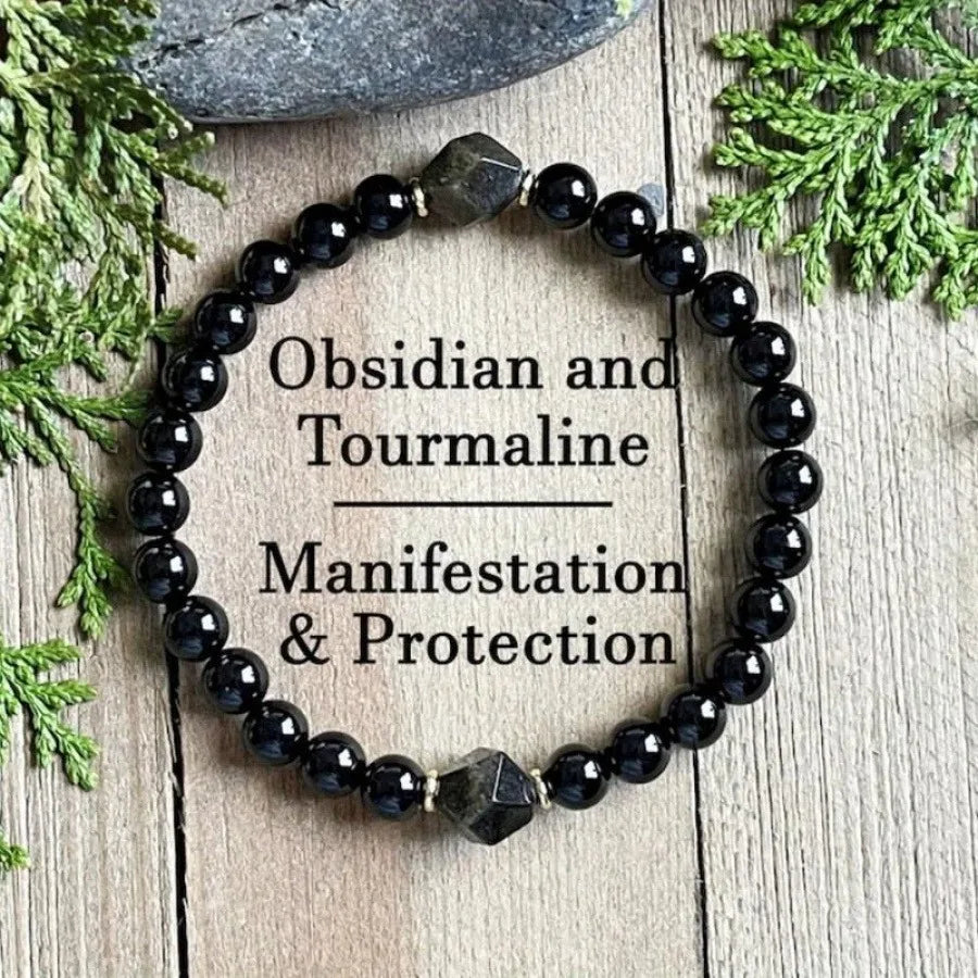 Obsidian Tourmaline Bracelet - Natural Healing Crystal Beads for Manifestation, Protection Positive Energy and Spiritual Balance