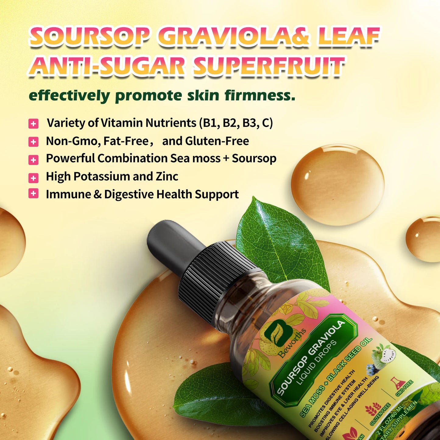 Soursop Graviola Extract 60 ML Drops Black Seed Oil Support Immunity and Kidney Health,Detox,Antioxidation Gluten-Free