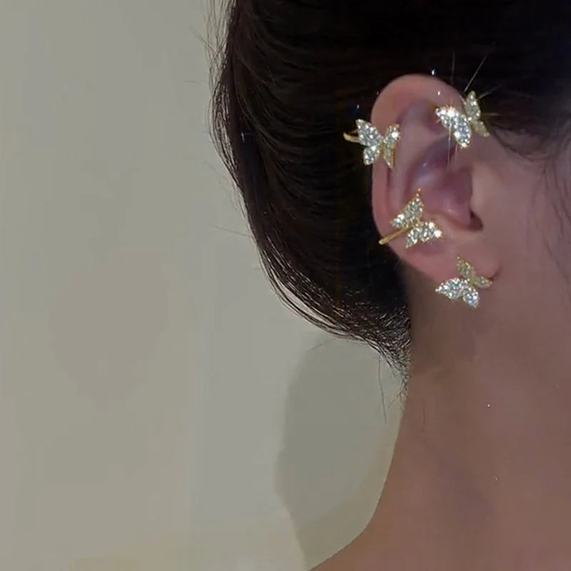 Gold Color Moon Star Clip Earrings For Women, Butterfly Long Tassel Ear Cuff.
