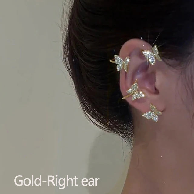 Gold Color Moon Star Clip Earrings For Women, Butterfly Long Tassel Ear Cuff.