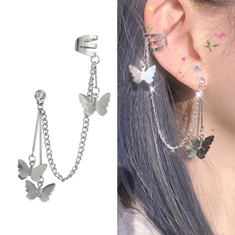 Gold Color Moon Star Clip Earrings For Women, Butterfly Long Tassel Ear Cuff.