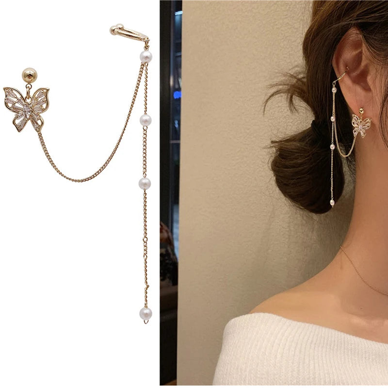 Gold Color Moon Star Clip Earrings For Women, Butterfly Long Tassel Ear Cuff.