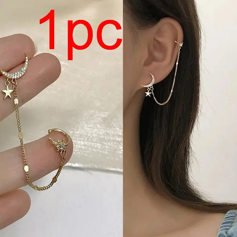 Gold Color Moon Star Clip Earrings For Women, Butterfly Long Tassel Ear Cuff.