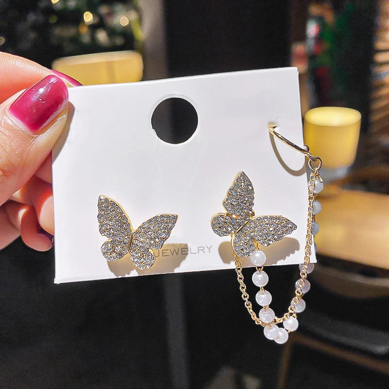 Gold Color Moon Star Clip Earrings For Women, Butterfly Long Tassel Ear Cuff.