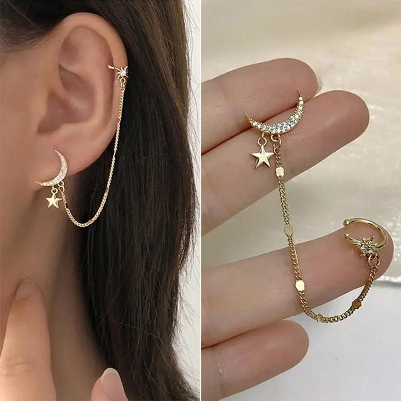 Gold Color Moon Star Clip Earrings For Women, Butterfly Long Tassel Ear Cuff.