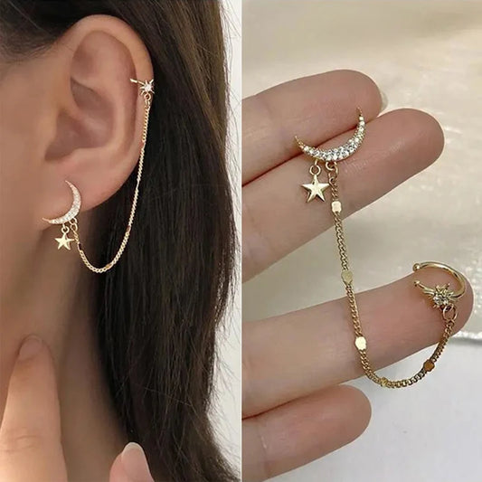 Gold Color Moon Star Clip Earrings For Women, Butterfly Long Tassel Ear Cuff.